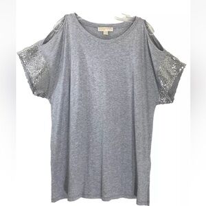 MICHAEL Kors Gray Top Blouse Off Shoulder Sequins Motif Dolman Sleeve Size-OX